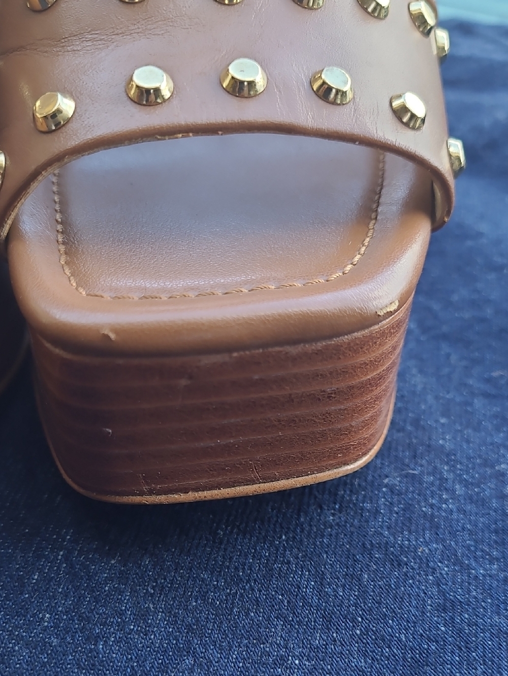 Michael Kors Sandals Platform Jagged Studded Brown Tan 6.5 Open Toe Leather Mule - Picture 2 of 7